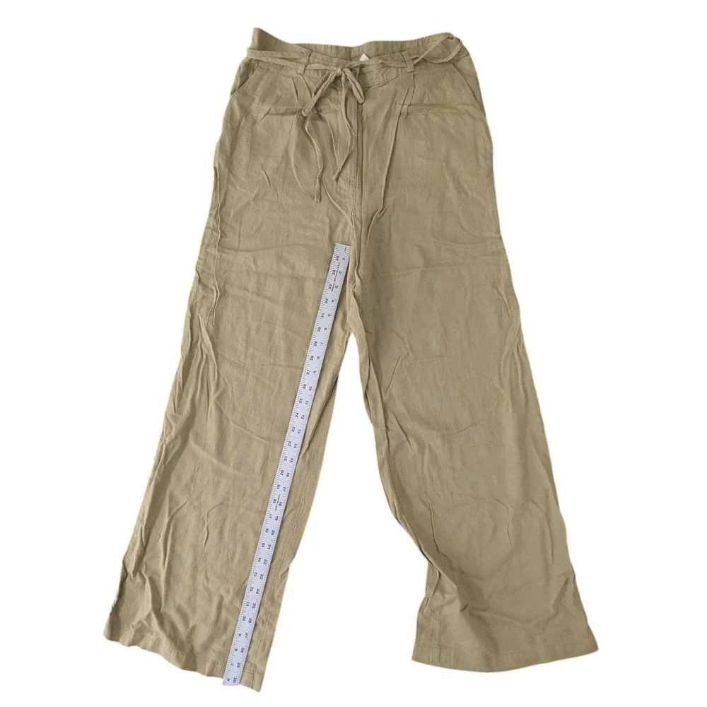 H&M Linen Blend Wide Leg Pants Tan Beige‎ Drawstring Trousers US 10 Coastal Boho
